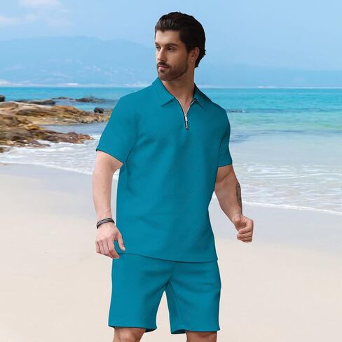 Aulemen Mens 2 Piece Zip Tracksuit Short Sleeve Print Polo Shirt and Shorts Sets Summer Outfits for Men in Kuwait