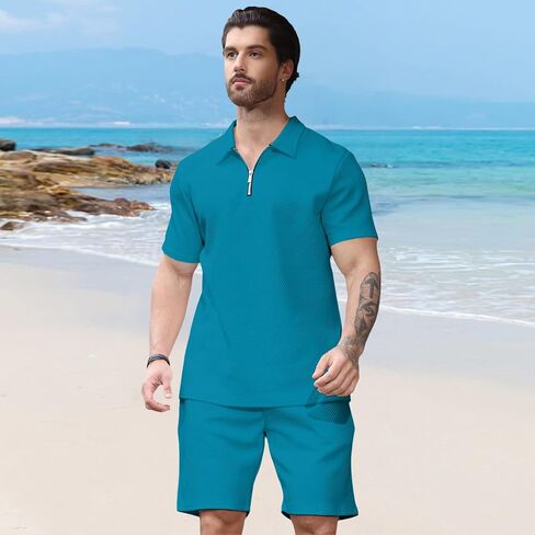 Aulemen Mens 2 Piece Zip Tracksuit Short Sleeve Print Polo Shirt and Shorts Sets Summer Outfits for Men in Kuwait