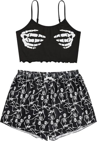 SOLY HUX Women's Cute Cartoon Print Lettuce Trim Cami Top and Shorts Cute Pajama Set Sleepwear in Saudi Arabia
