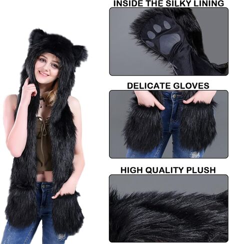 Malaxlx Winter Faux Fur Fluffy Furry Animal Hood Hat with Ears Scarf Paws Prints Pocket Mittens Gloves 3 in 1 Combo in Saudi Arabia
