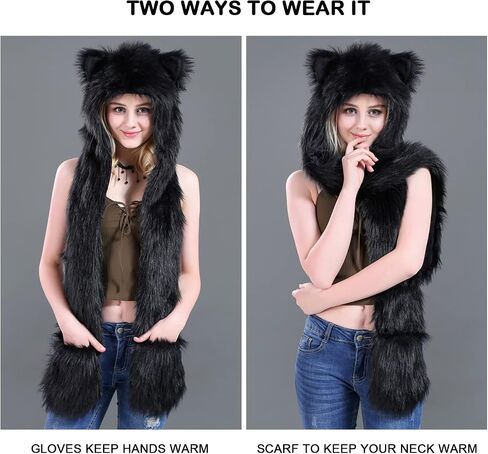 Malaxlx Winter Faux Fur Fluffy Furry Animal Hood Hat with Ears Scarf Paws Prints Pocket Mittens Gloves 3 in 1 Combo in Saudi Arabia