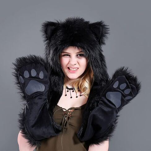 Malaxlx Winter Faux Fur Fluffy Furry Animal Hood Hat with Ears Scarf Paws Prints Pocket Mittens Gloves 3 in 1 Combo in Saudi Arabia