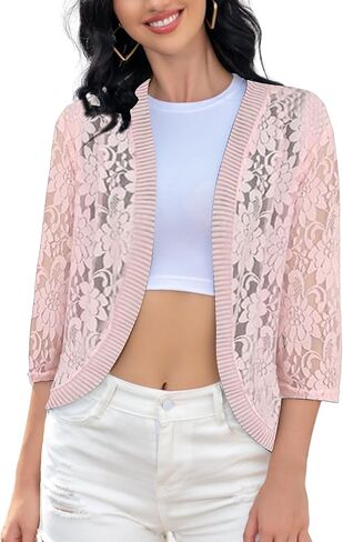 Xunger Women’s 3/4 Sleeve Lace Cardigan Casual Open Front Floral Lace Shrug Summer Cover Up in Kuwait