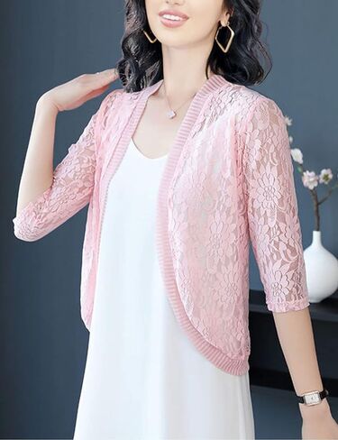 Xunger Women’s 3/4 Sleeve Lace Cardigan Casual Open Front Floral Lace Shrug Summer Cover Up in Kuwait