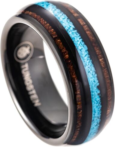 8mm Tungsten Carbide Natural Hawaiian Koa Wood Tree with Turquoise Inlay Comfort Fit Ring Wedding Engagement Band High Polished Finish, Island Jewelry, with Gift Box Included in Saudi Arabia