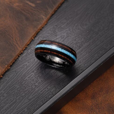 8mm Tungsten Carbide Natural Hawaiian Koa Wood Tree with Turquoise Inlay Comfort Fit Ring Wedding Engagement Band High Polished Finish, Island Jewelry, with Gift Box Included in Saudi Arabia