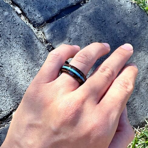 8mm Tungsten Carbide Natural Hawaiian Koa Wood Tree with Turquoise Inlay Comfort Fit Ring Wedding Engagement Band High Polished Finish, Island Jewelry, with Gift Box Included in Saudi Arabia