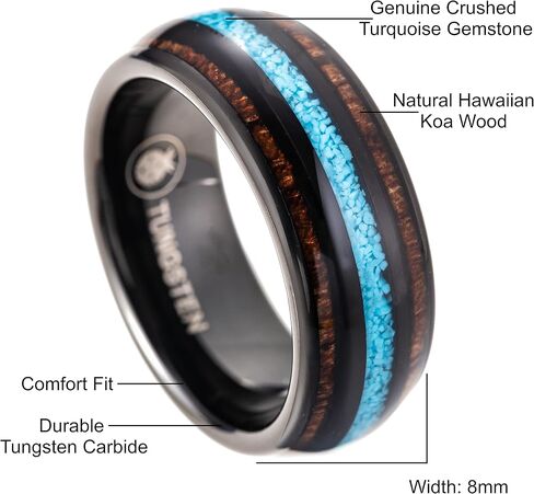 8mm Tungsten Carbide Natural Hawaiian Koa Wood Tree with Turquoise Inlay Comfort Fit Ring Wedding Engagement Band High Polished Finish, Island Jewelry, with Gift Box Included in Saudi Arabia