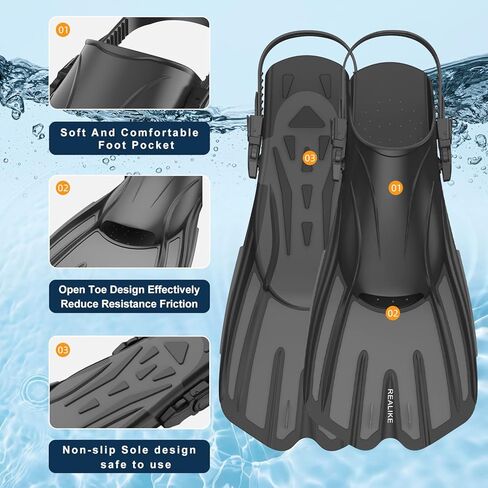 REALIKE زعانف سباحة زعانف للغطس زعانف للغطس للسباحة كعب مفتوح قابل للتعديل قصير حجم السفر زعانف للغطس للكبار الرجال والنساء in Kuwait