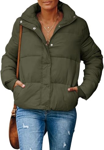 سترة نسائية شتوية منتفخة خفيفة الوزن مبطنة وياقة واقفة وأكمام طويلة ومعاطف مريحة بسحاب وأزرار in Kuwait