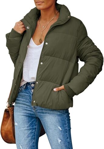 سترة نسائية شتوية منتفخة خفيفة الوزن مبطنة وياقة واقفة وأكمام طويلة ومعاطف مريحة بسحاب وأزرار in Kuwait