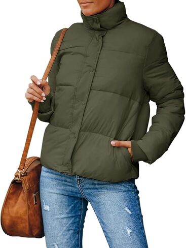 سترة نسائية شتوية منتفخة خفيفة الوزن مبطنة وياقة واقفة وأكمام طويلة ومعاطف مريحة بسحاب وأزرار in Kuwait