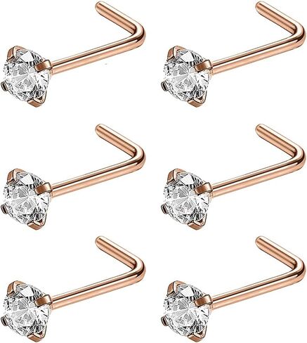 6ixGosh 6pcs 20g Nose Studs Black Rose Gold Nose Rings Stainless Steel L Shaped Corkscrew Nose Ring Studs for Women Men Small Cute Nose Rings Stud 3mm Cz Nostril Piercing Jewelry in Kuwait