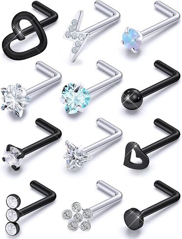 Prjndjw حلقات الأنف ترصيع للنساء 20G ترصيع الأنف الصلب الجراحية هيبوالرجينيك لطيف تشيكوسلوفاكيا قلب صغير نجمة L الشكل 20 قياس حلقات الأنف حلقة الأنف الفضية مسمار الأنف الحقيقي زهرة أوبال حلقات الأنف 7 مم in Kuwait