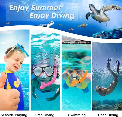 مجموعة قناع الغطس للأطفال من Qoqooice، قناع الغطس البانورامي + أنبوب التنفس العلوي الجاف + زعانف سباحة قابلة للتعديل + حقيبة معدات الغطس، مناسبة للأعمار من 5 إلى 12 عامًا in Kuwait