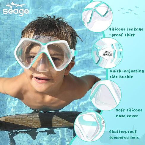 مجموعة Seago Kids Snorkel للأعمار من 6 إلى 14 عامًا قناع السباحة والغطس المضاد للضباب والغطس العلوي الجاف للأولاد والبنات والمراهقين in Kuwait