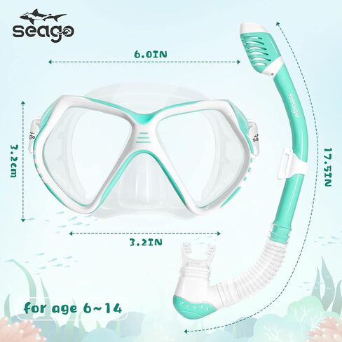 مجموعة Seago Kids Snorkel للأعمار من 6 إلى 14 عامًا قناع السباحة والغطس المضاد للضباب والغطس العلوي الجاف للأولاد والبنات والمراهقين in Kuwait