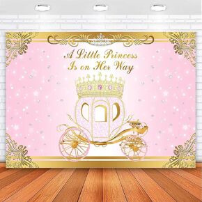 Mocsicka Little Princess Baby Shower Backdrop Pink Princess Carriage Gold Crown Background Vinyl 2.17 x 5.08 قدم فضية ليتل ستارز حمام الطفل الخلفي للبنات in Kuwait