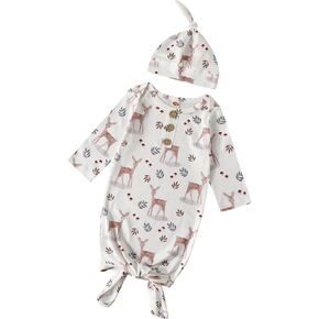 Fvzbovte Newborn Knotted Gown Soft Cotton Baby Set Floral Onesie Girls and Boys Sleeper Nightgown