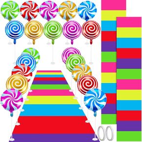 24 قطعة من زينة حفلات كاندي لاند من Woanger، سجادة بوليستر ملونة، سجادة Candyland Runway Rug، بالونات حلوى حلوة وعصا بالون مع شريط من أجل مستلزمات حفلات عيد ميلاد Candyland in Saudi Arabia