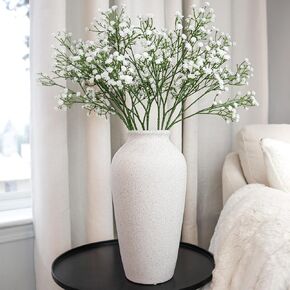 Laurel&Vine 12" Tall Black Ceramic Vase, Speckled Textured Minimalist, with 15 Stems of 22" Faux Artificial White Babys Breath, Farmhouse Console Centerpiece Decor, Real Touch Fake Flowers in Vase