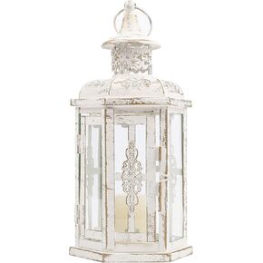 فانوس شموع مزخرف من JHY DESIGN مقاس 10 بوصة بنمط عتيق معلق حامل شموع معدني للمناسبات الداخلية والخارجية وحفلات الزفاف (أبيض مع فرشاة ذهبية) in Kuwait