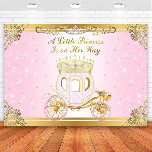 Mocsicka Little Princess Baby Shower Backdrop Pink Princess Carriage Gold Crown Background Vinyl 2.17 x 5.08 قدم فضية ليتل ستارز حمام الطفل الخلفي للبنات in Kuwait