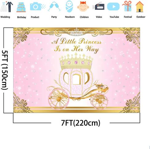 Mocsicka Little Princess Baby Shower Backdrop Pink Princess Carriage Gold Crown Background Vinyl 2.17 x 5.08 قدم فضية ليتل ستارز حمام الطفل الخلفي للبنات in Kuwait