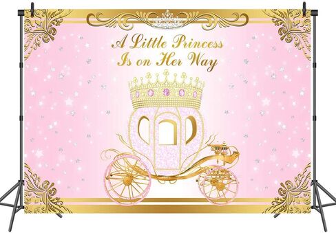 Mocsicka Little Princess Baby Shower Backdrop Pink Princess Carriage Gold Crown Background Vinyl 2.17 x 5.08 قدم فضية ليتل ستارز حمام الطفل الخلفي للبنات in Kuwait