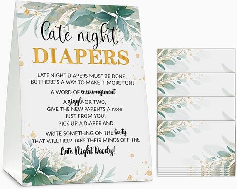 Late Night Diapers Sign, Greenery Note Cards Diaper Thoughts, Late Night Diaper Baby Shower Game Set(1 Standing Sign + 20 Blank Greeting Cards), Gold Foil Baby Shower Party Favor Decor - A05 in Saudi Arabia