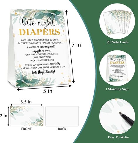 Late Night Diapers Sign, Greenery Note Cards Diaper Thoughts, Late Night Diaper Baby Shower Game Set(1 Standing Sign + 20 Blank Greeting Cards), Gold Foil Baby Shower Party Favor Decor - A05 in Saudi Arabia