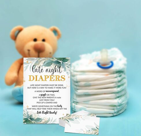 Late Night Diapers Sign, Greenery Note Cards Diaper Thoughts, Late Night Diaper Baby Shower Game Set(1 Standing Sign + 20 Blank Greeting Cards), Gold Foil Baby Shower Party Favor Decor - A05 in Saudi Arabia
