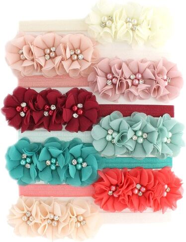 Flower Headbands Baby - Girls - Toddler Fabric Beaded Stretchy Elastic Pair in Saudi Arabia