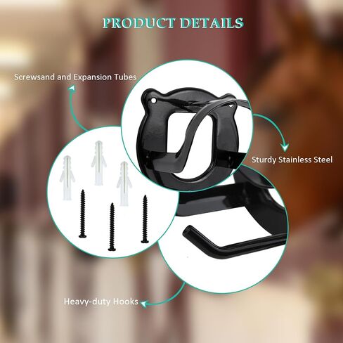 LAJIAOZ 24 قطعة من لجام الحصان، حامل لجام معدني خفيف الوزن، خطاف لجام الحصان، حامل لجام الحصان، شماعات معدنية مع أنابيب وبرغي لمستلزمات حظيرة الخيول (أسود) in Kuwait