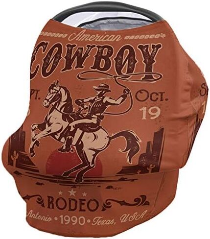 ملصق ركوب رعاة البقر الغربي غطاء مقعد سيارة الطفل، مظلات مقعد السيارة لحديثي الولادة، أغطية الرضاعة الطبيعية ذات خلفية الغسق البني العتيق، عربة التسوق/الكرسي العالي/أغطية عربة الأطفال، 26 × 27.6 بوصة in Kuwait