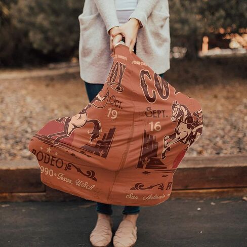 ملصق ركوب رعاة البقر الغربي غطاء مقعد سيارة الطفل، مظلات مقعد السيارة لحديثي الولادة، أغطية الرضاعة الطبيعية ذات خلفية الغسق البني العتيق، عربة التسوق/الكرسي العالي/أغطية عربة الأطفال، 26 × 27.6 بوصة in Kuwait