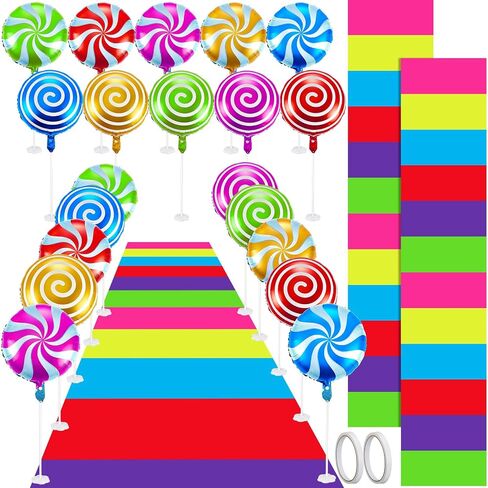 Woanger 24 Pcs Candyland Party Decorations Colorful Polyester Carpet Runner Candyland Runway Rug Sweet Candy Balloons and Balloon Stick Stand with Tape for Candyland Birthday Party Supply in Saudi Arabia