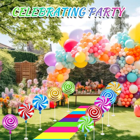 Woanger 24 Pcs Candyland Party Decorations Colorful Polyester Carpet Runner Candyland Runway Rug Sweet Candy Balloons and Balloon Stick Stand with Tape for Candyland Birthday Party Supply in Saudi Arabia