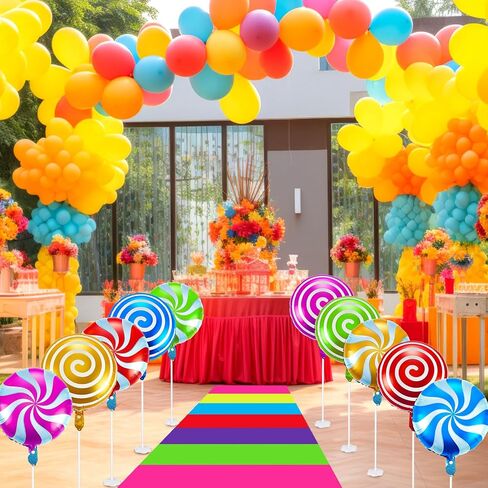 Woanger 24 Pcs Candyland Party Decorations Colorful Polyester Carpet Runner Candyland Runway Rug Sweet Candy Balloons and Balloon Stick Stand with Tape for Candyland Birthday Party Supply in Saudi Arabia