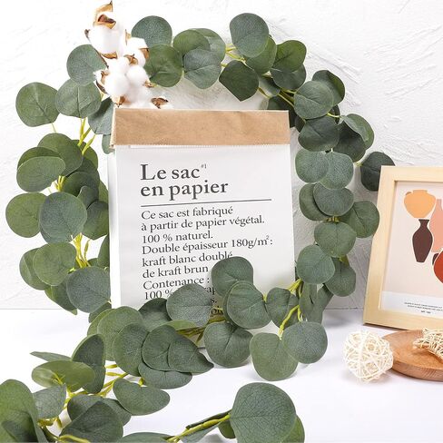 Whonline 10pcs Eucalyptus Garland for Table 60ft Artificial Greenery Garland Eucalyptus Vines Faux Silver Dollar Eucalyptus Leaves Vines Plants for Wedding Arch Wall Garden Decoration in Kuwait