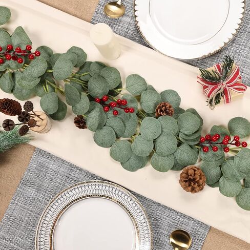 Whonline 10pcs Eucalyptus Garland for Table 60ft Artificial Greenery Garland Eucalyptus Vines Faux Silver Dollar Eucalyptus Leaves Vines Plants for Wedding Arch Wall Garden Decoration in Kuwait