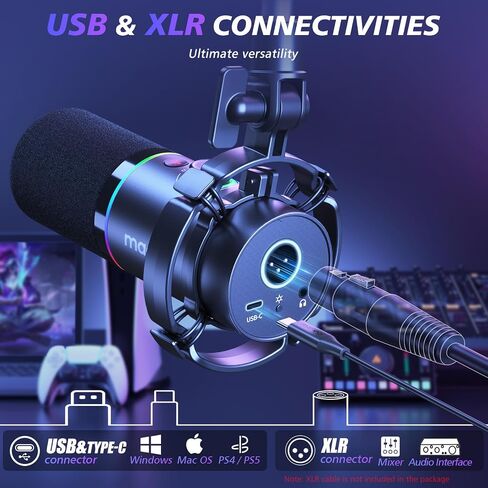 MAONO XLR/USB Dynamic Microphone Kit, RGB Podcast Mic with Software, Mute, Gain Knob, Volume Control, Boom Arm for Streaming, Gaming, Voice-Over, Recording-PD200XS Black in Saudi Arabia