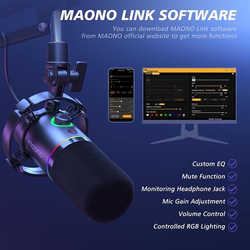 MAONO XLR/USB Dynamic Microphone Kit, RGB Podcast Mic with Software, Mute, Gain Knob, Volume Control, Boom Arm for Streaming, Gaming, Voice-Over, Recording-PD200XS Black in Saudi Arabia