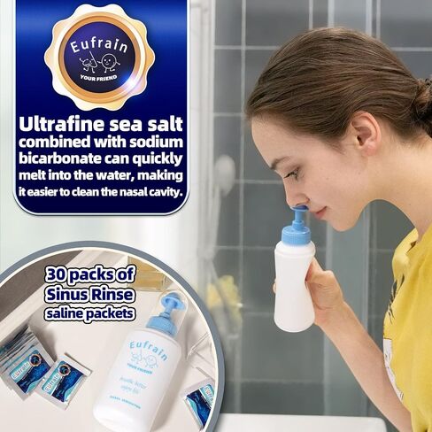 زجاجة شطف الجيوب الأنفية من Eufrain Neti Pot Sinus Rinse Nasal Wash نظام الري للبالغين والأطفال مع 30 عبوة مالحة تخفف احتقان الأنف والتهيج الناتج عن البرد والأنفلونزا والحساسية in Saudi Arabia