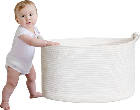 Norheirui Extra Large Blanket Basket 19.7"x13.1"x11.1", Woven Baby Laundry Hamper, Cotton Rope Blanket Basket for Nursery, Living Room, Laundry, Bedroom, Delicate Handle, White in Kuwait