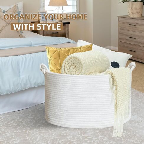 Norheirui Extra Large Blanket Basket 19.7"x13.1"x11.1", Woven Baby Laundry Hamper, Cotton Rope Blanket Basket for Nursery, Living Room, Laundry, Bedroom, Delicate Handle, White in Kuwait