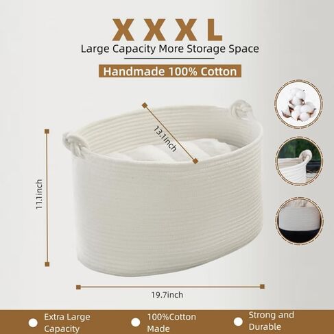 Norheirui Extra Large Blanket Basket 19.7"x13.1"x11.1", Woven Baby Laundry Hamper, Cotton Rope Blanket Basket for Nursery, Living Room, Laundry, Bedroom, Delicate Handle, White in Kuwait