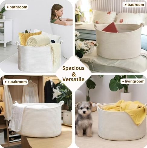 Norheirui Extra Large Blanket Basket 19.7"x13.1"x11.1", Woven Baby Laundry Hamper, Cotton Rope Blanket Basket for Nursery, Living Room, Laundry, Bedroom, Delicate Handle, White in Kuwait