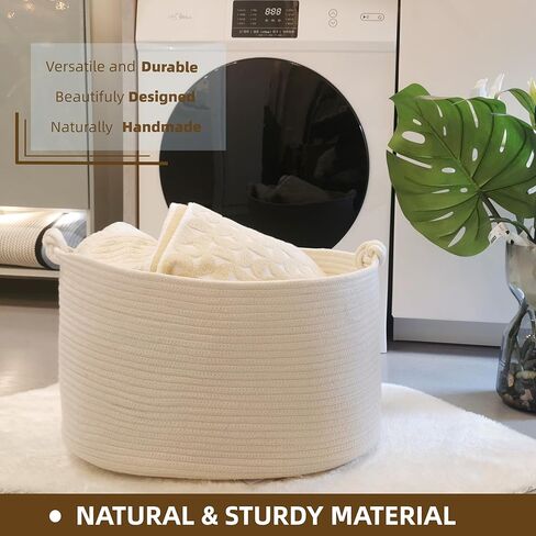Norheirui Extra Large Blanket Basket 19.7"x13.1"x11.1", Woven Baby Laundry Hamper, Cotton Rope Blanket Basket for Nursery, Living Room, Laundry, Bedroom, Delicate Handle, White in Kuwait