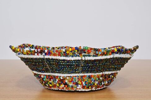 وعاء سلكي أفريقي صغير مطرز - وعاء مجوهرات ماساي - مصنوع يدويًا في كينيا - 6 بوصات، أخضر معدني in Kuwait